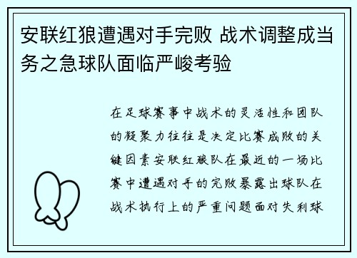 安联红狼遭遇对手完败 战术调整成当务之急球队面临严峻考验